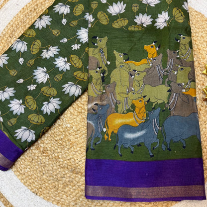 Green Indian Casual wear Saree Kalamkari Printed Sari S143