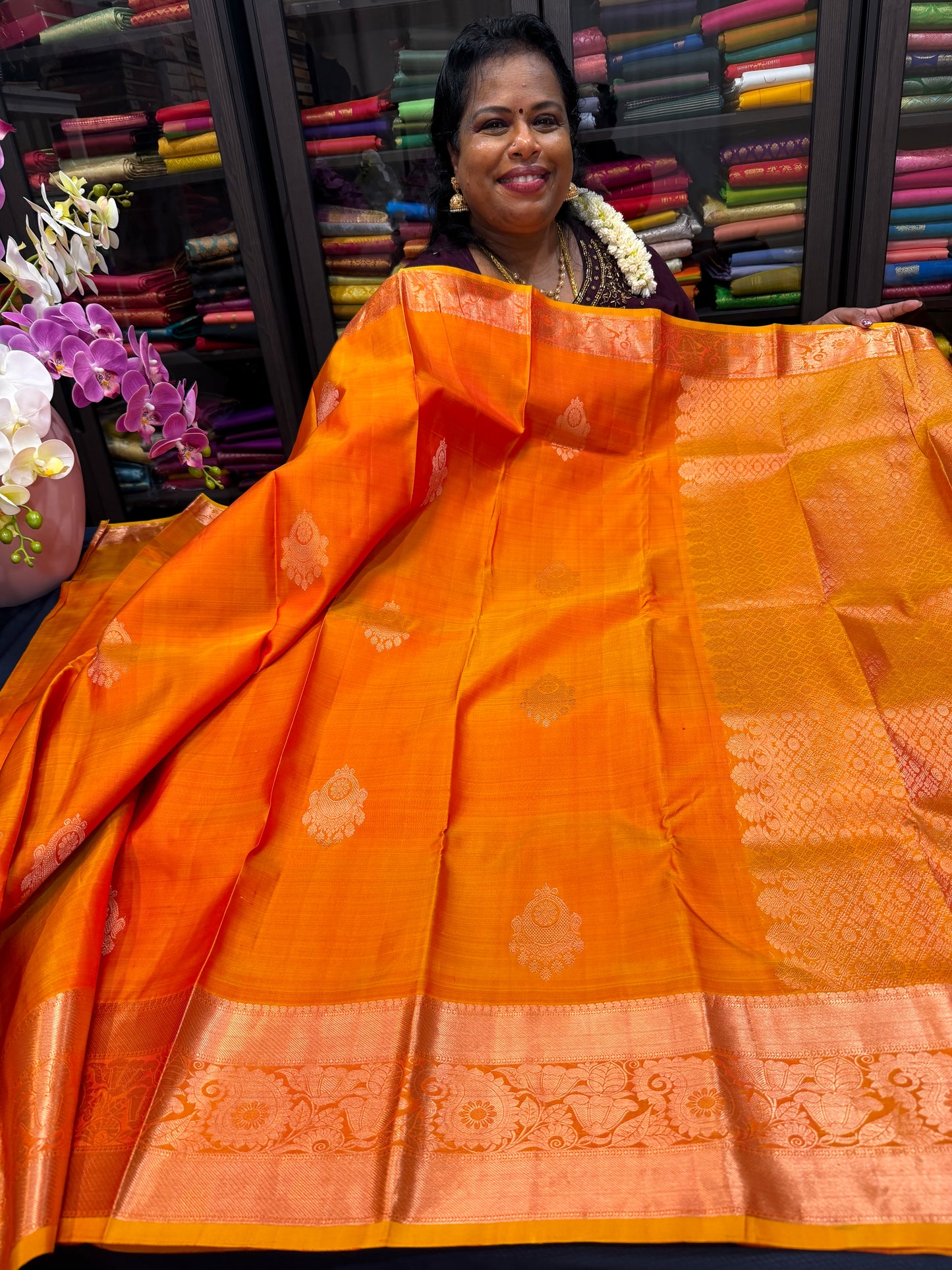 Kanchipuram Pure Silk Saree Bridal Orange Kanjivaram Sari SPK297