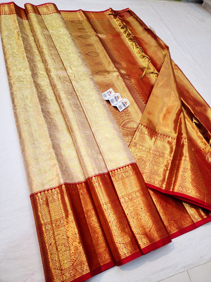 Kanchipuram Pure Silk Saree Bridal cream Kanjivaram Sari SPK263