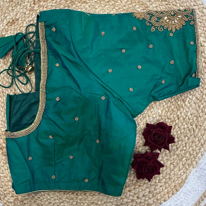 46” Size 16 Aari Worked Sari Blouse Indian Saree Top Silk Turquoise B418