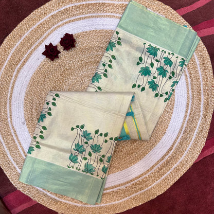 Aqua Blue Lotus Kerala Vishu Sari Indian Onam Tissue hand Painted Saree C10