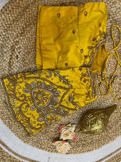 40” Aari hand Worked Sari Blouse Indian Top Choli Silk Yellow B24