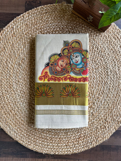 Kerala Vishu Sari Indian Cream Tissue hand Printed Onam Saree C7 - Col 6