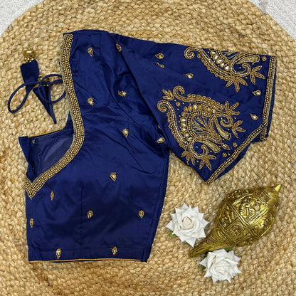 36” Small size Aari Worked Sari Blouse Indian Saree Navy Blue B205