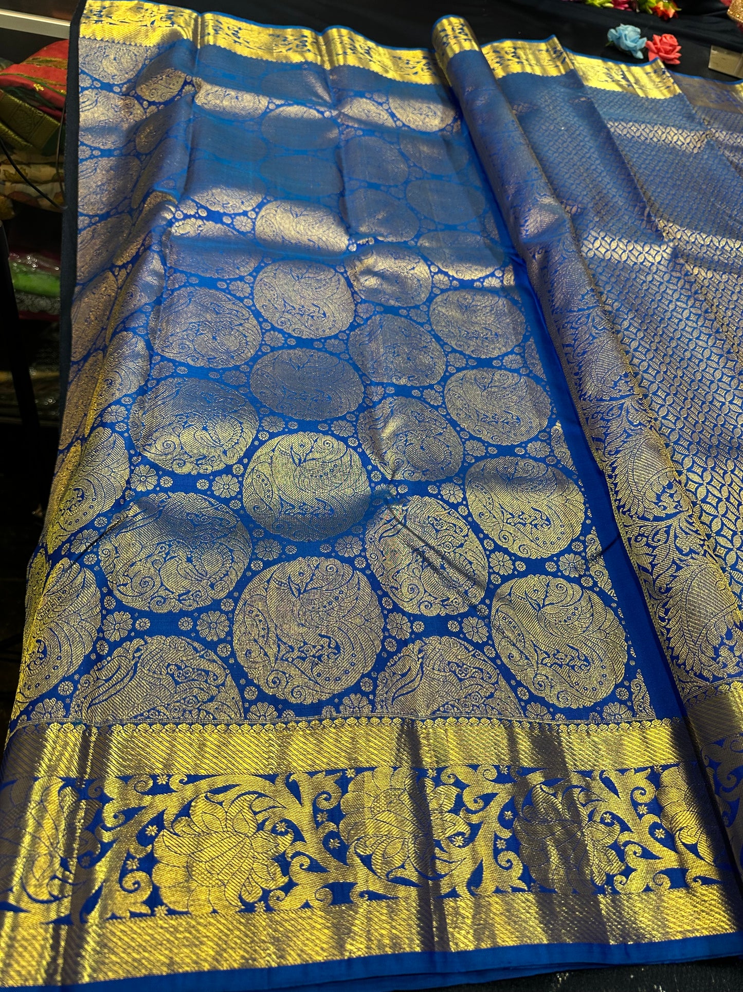 Kanchipuram Bridal Pure Silk Saree with Gold Zari Blue & Gold Sari| SPK084