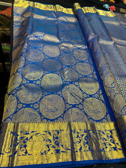 Kanchipuram Bridal Pure Silk Saree with Gold Zari Blue & Gold Sari| SPK084