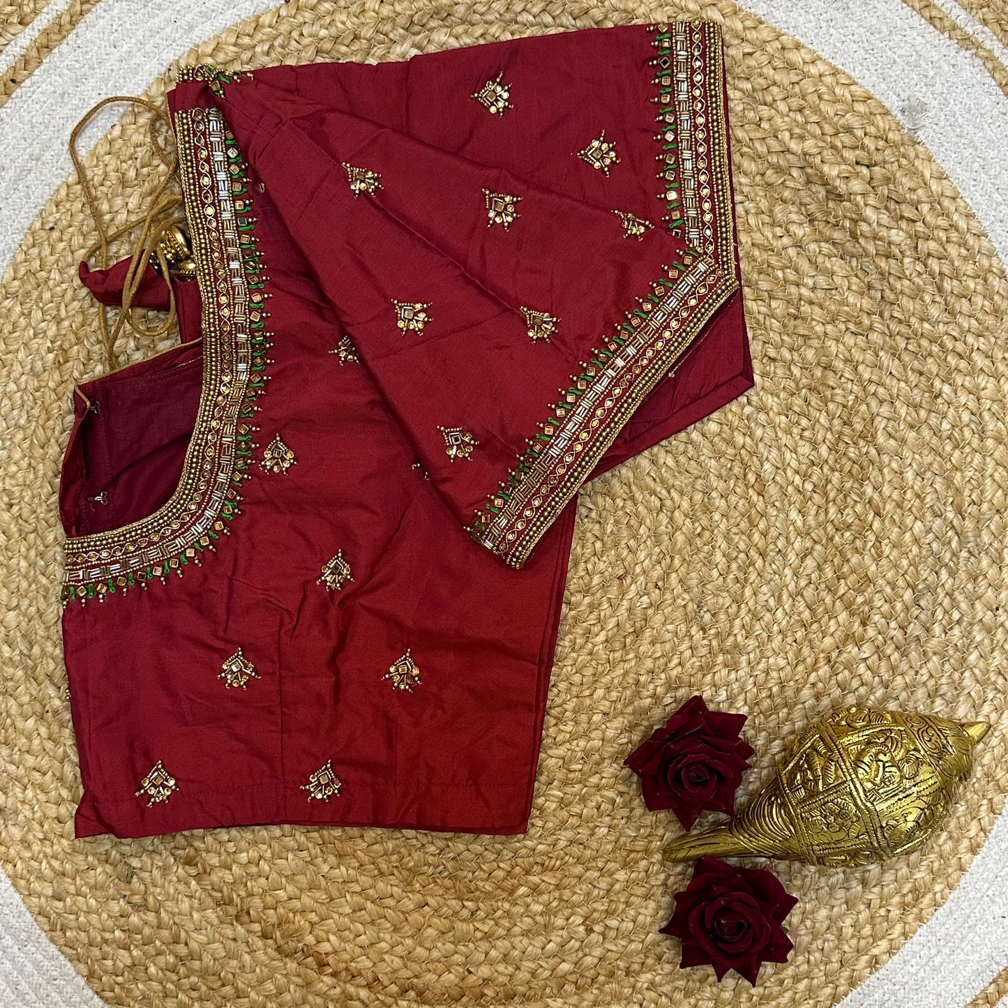 44” Size 14 Aari Worked Sari Blouse Indian Saree Top Metallic Red B262