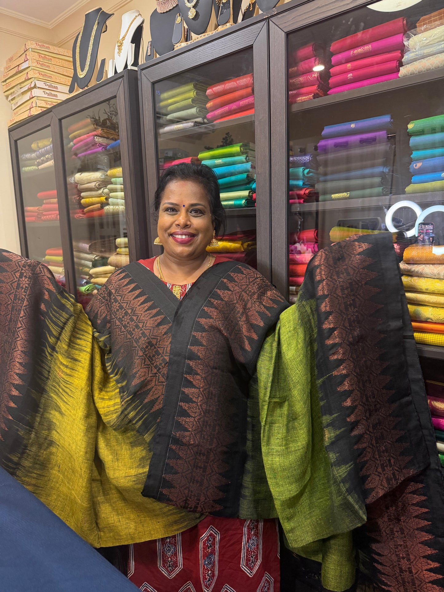 Silk Cotton Linen Sari Indian Saree Copper Jari Green Black S128