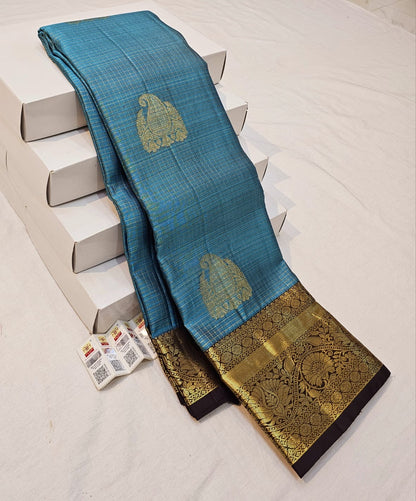 Kanchipuram Pure Silk Saree Bridal Blue Checkered Kanjivaram Sari SPK256
