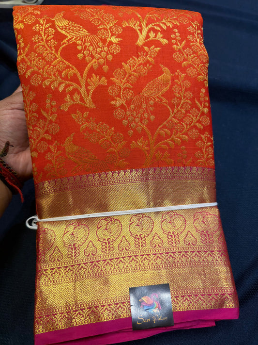 Kanchipuram Korvai Bridal Pure Silk Saree with Gold Zari Orange & Pink Sari| SPK074