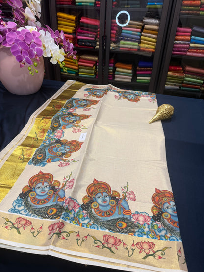 Kerala Vishu Sari Indian Cream Tissue hand Printed Onam Saree C7 - Col 6