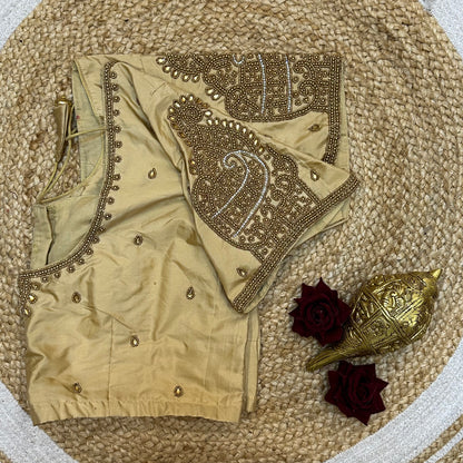 44” Size 14 Aari Worked Sari Blouse Indian Saree Top Light Gold B259