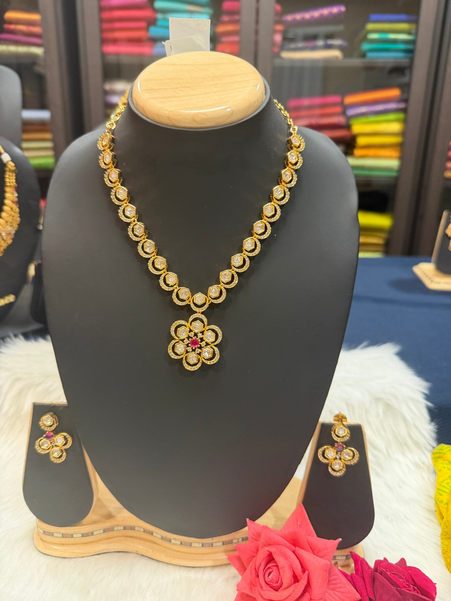 1 gram Gold Indian Necklace and Earrings set Ruby & White stones N6