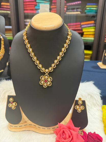 1 gram Gold Indian Necklace and Earrings set Ruby & White stones N6