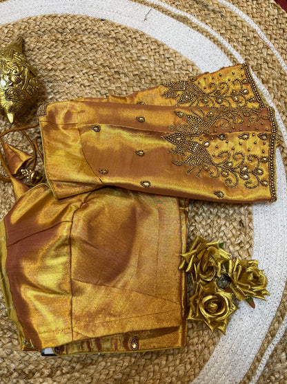 40” Aari hand Worked Sari Blouse Indian Top Choli Silk Gold B45