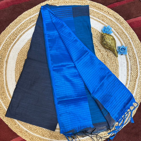 Blue Soft Slab Cotton Linen Sari Indian Saree with temple border C1