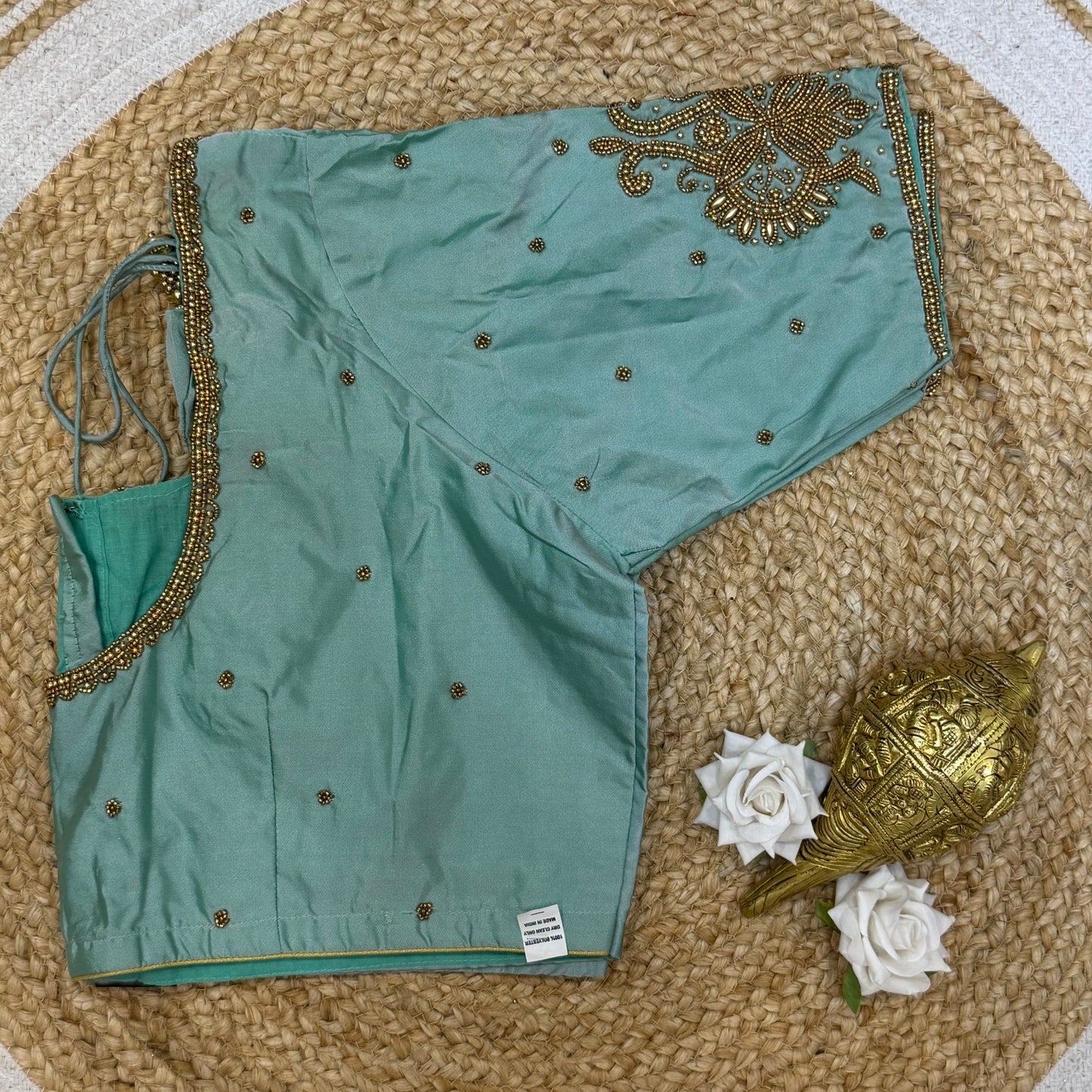 46” Size 16 Aari Worked Sari Blouse Indian Saree Top Silk Sea Green B227