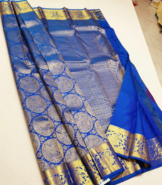 Kanchipuram Bridal Pure Silk Saree with Gold Zari Blue & Gold Sari| SPK084