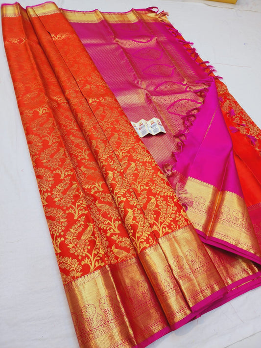 Kanchipuram Korvai Bridal Pure Silk Saree with Gold Zari Orange & Pink Sari| SPK074