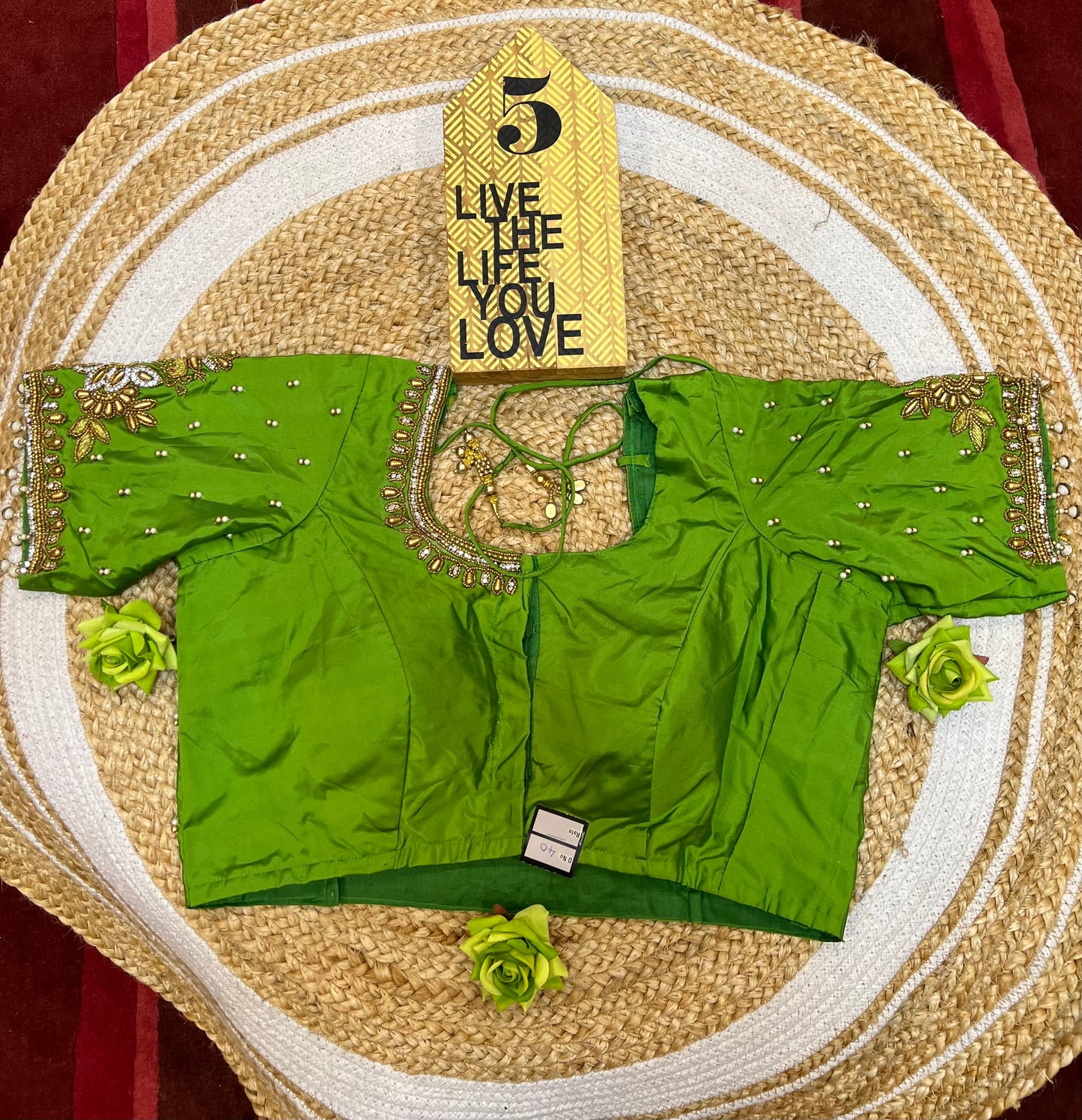 40” Aari hand Worked Sari Blouse Indian Top Choli Silk Green B44