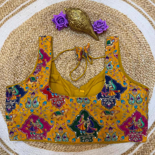 Mango Yellow Precision Printed 44” Size 14 Sari Blouse Indian Saree Top B407