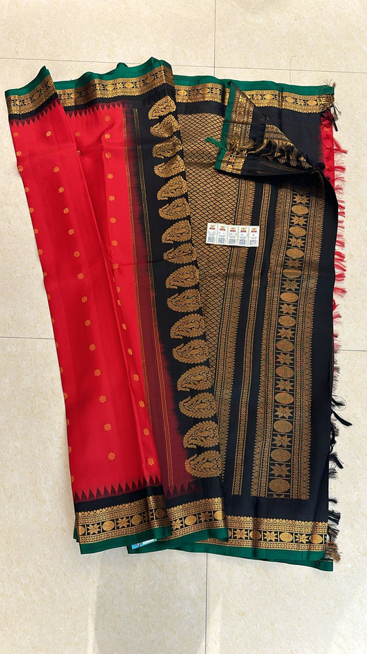 1g Gold Kanchipuram Pure Silk Saree Red black Kanjivaram Sari| SPK175