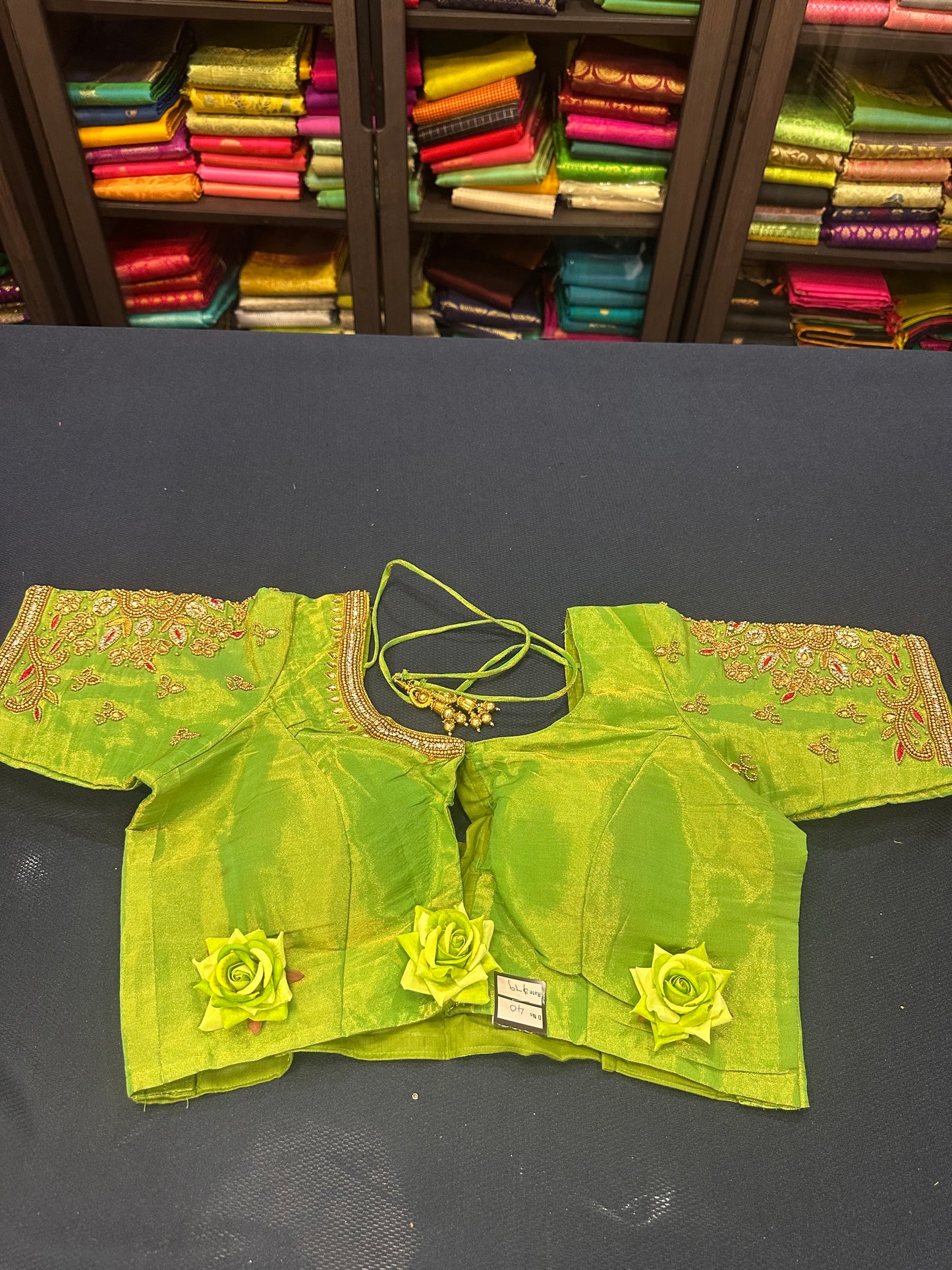 40” Aari hand Worked Sari Blouse Indian Top Choli Silk Green Gold B12
