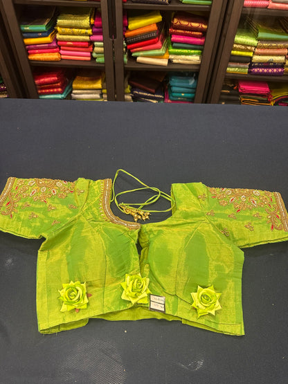 40” Aari hand Worked Sari Blouse Indian Top Choli Silk Green Gold B12