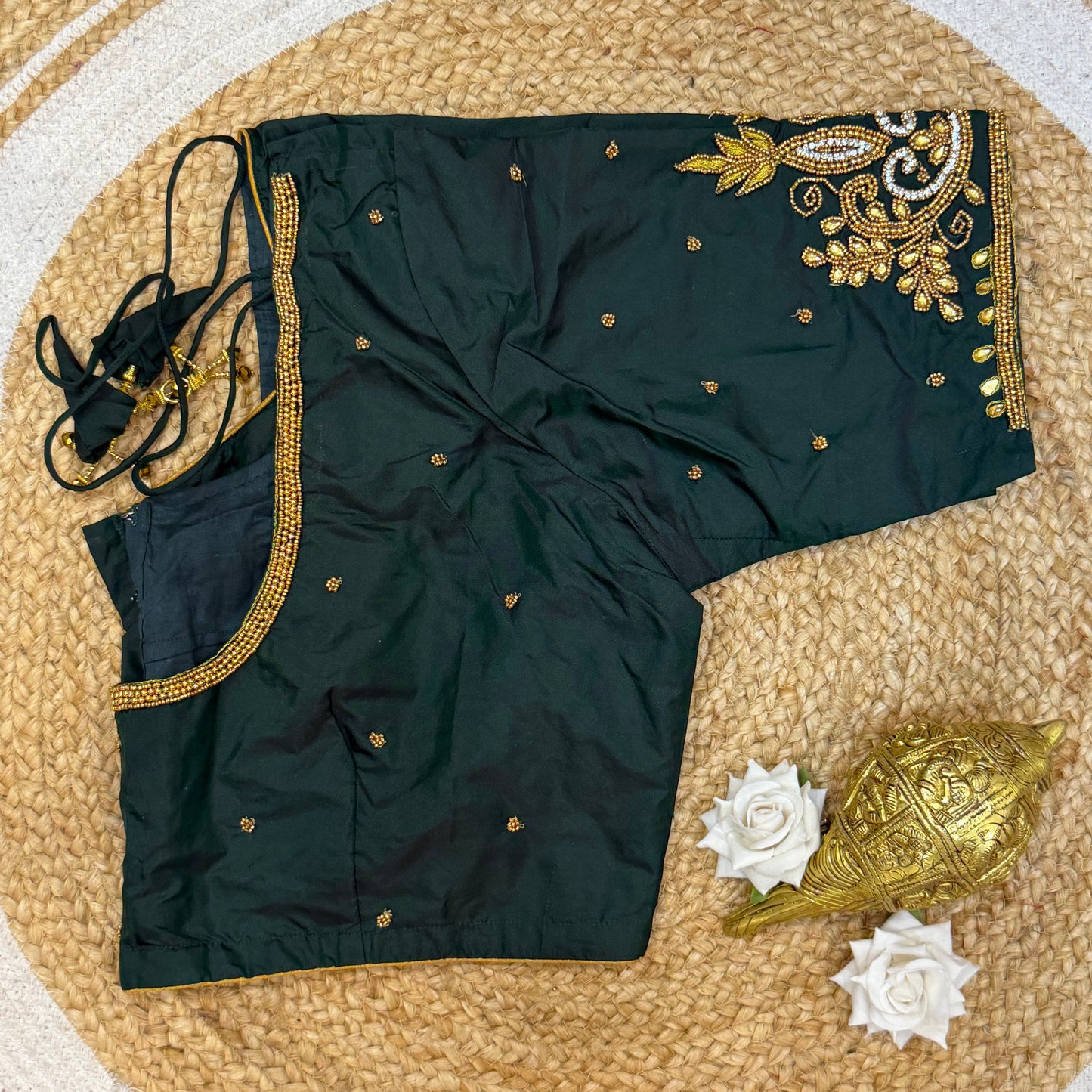 46” Size 16 Aari Worked Sari Blouse Indian Saree Top Silk Dark Green B227