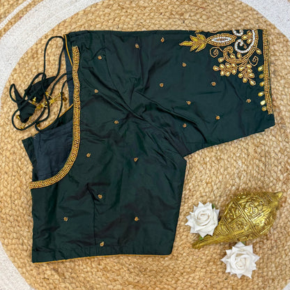 46” Size 16 Aari Worked Sari Blouse Indian Saree Top Silk Dark Green B227