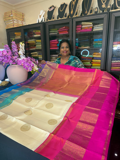 Kanchipuram Pure Silk Saree Cream pink Blue Kanjivaram Sari| SPK201