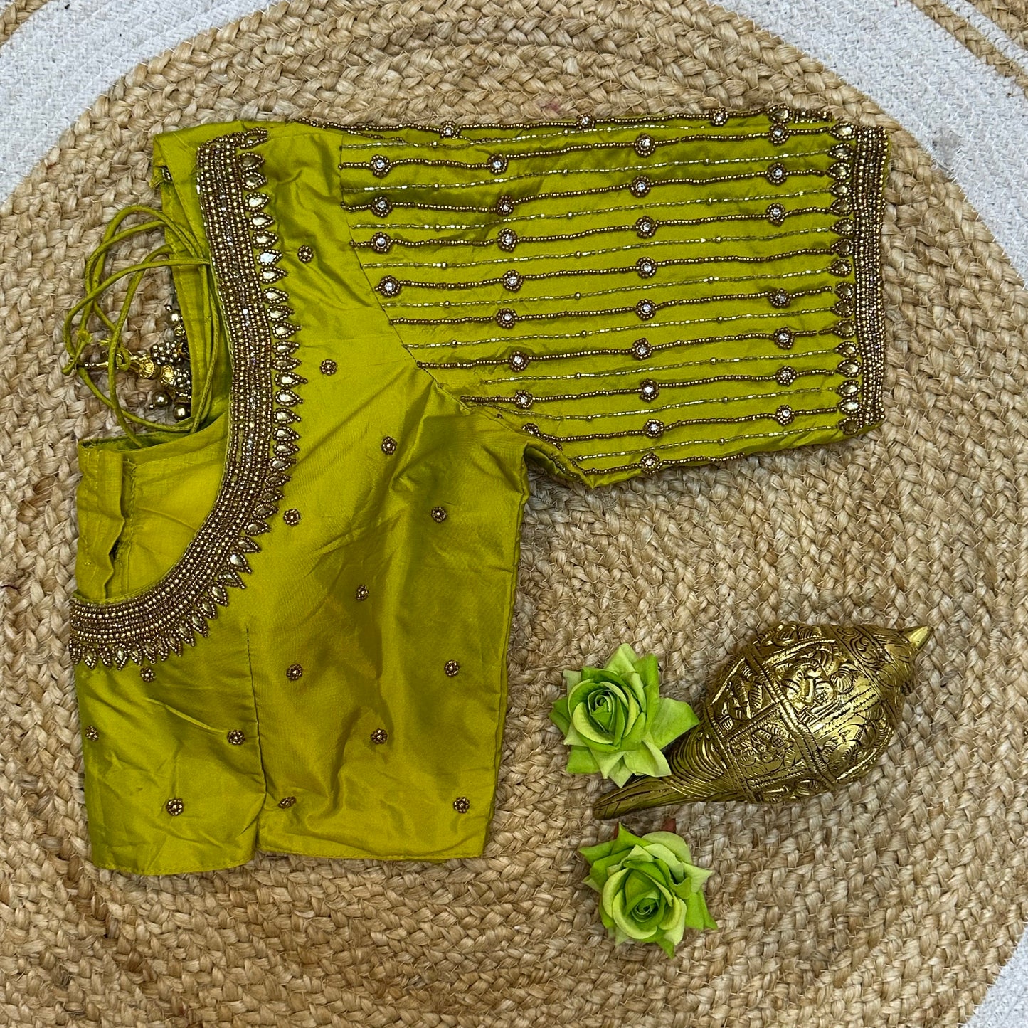 38” M Size 8 Aari Worked Sari Blouse Indian Saree Top Mehndi Green B292