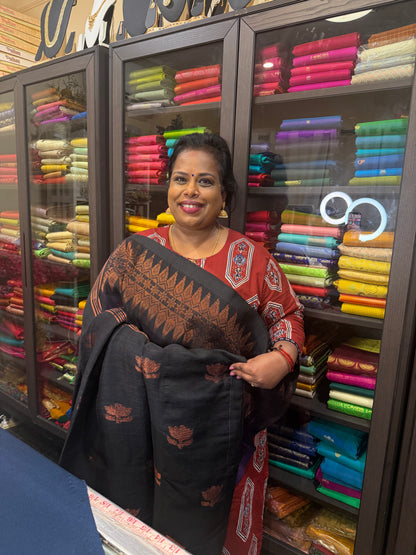 Silk Cotton Linen Sari Indian Saree Copper Jari Mehendi Green Black S127
