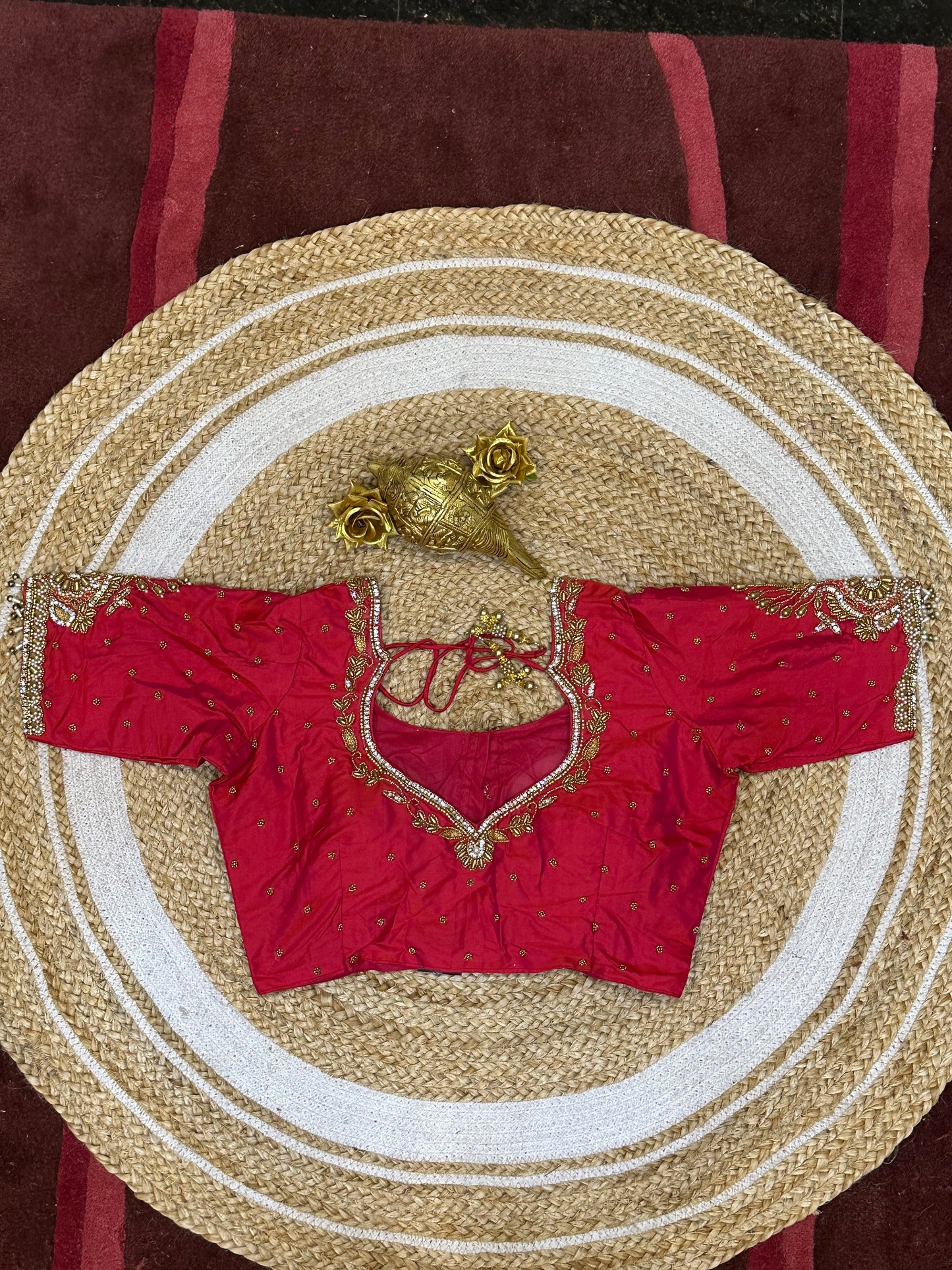 40” Size 10 Aari Worked Sari Blouse Indian Saree Top Silk Red B71