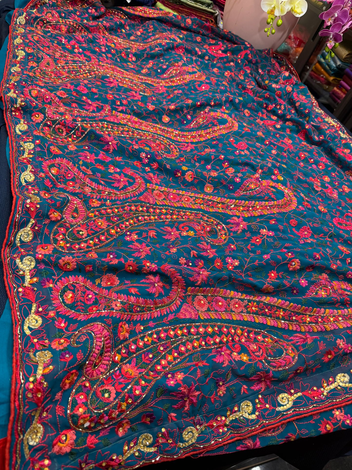 Sari Indian Fancy Party wear Kashmiri Georgette Teal Blue Saree SAR10