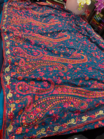 Sari Indian Fancy Party wear Kashmiri Georgette Teal Blue Saree SAR10