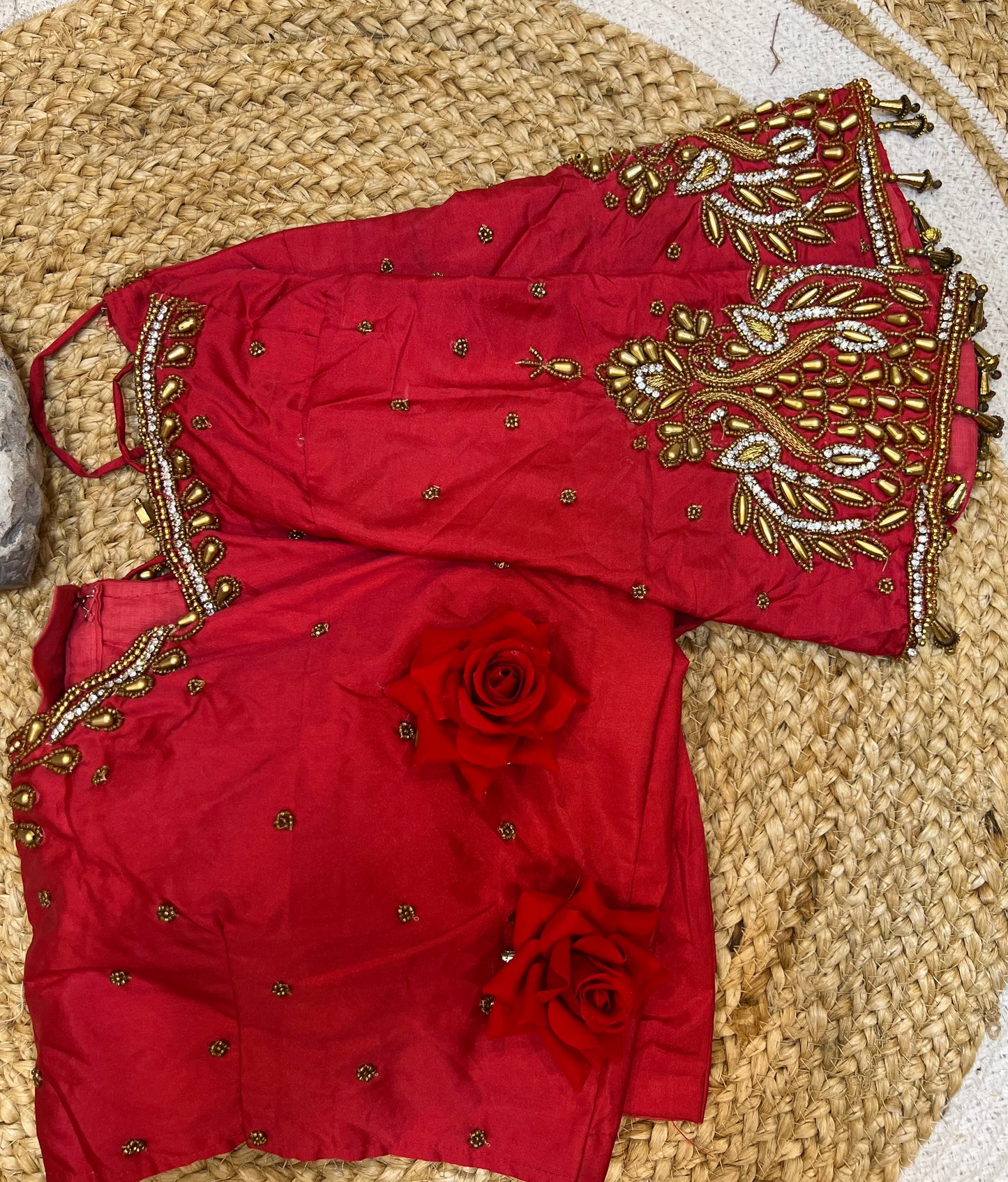 40” Aari hand Worked Sari Blouse Indian Top Choli Silk Red B31