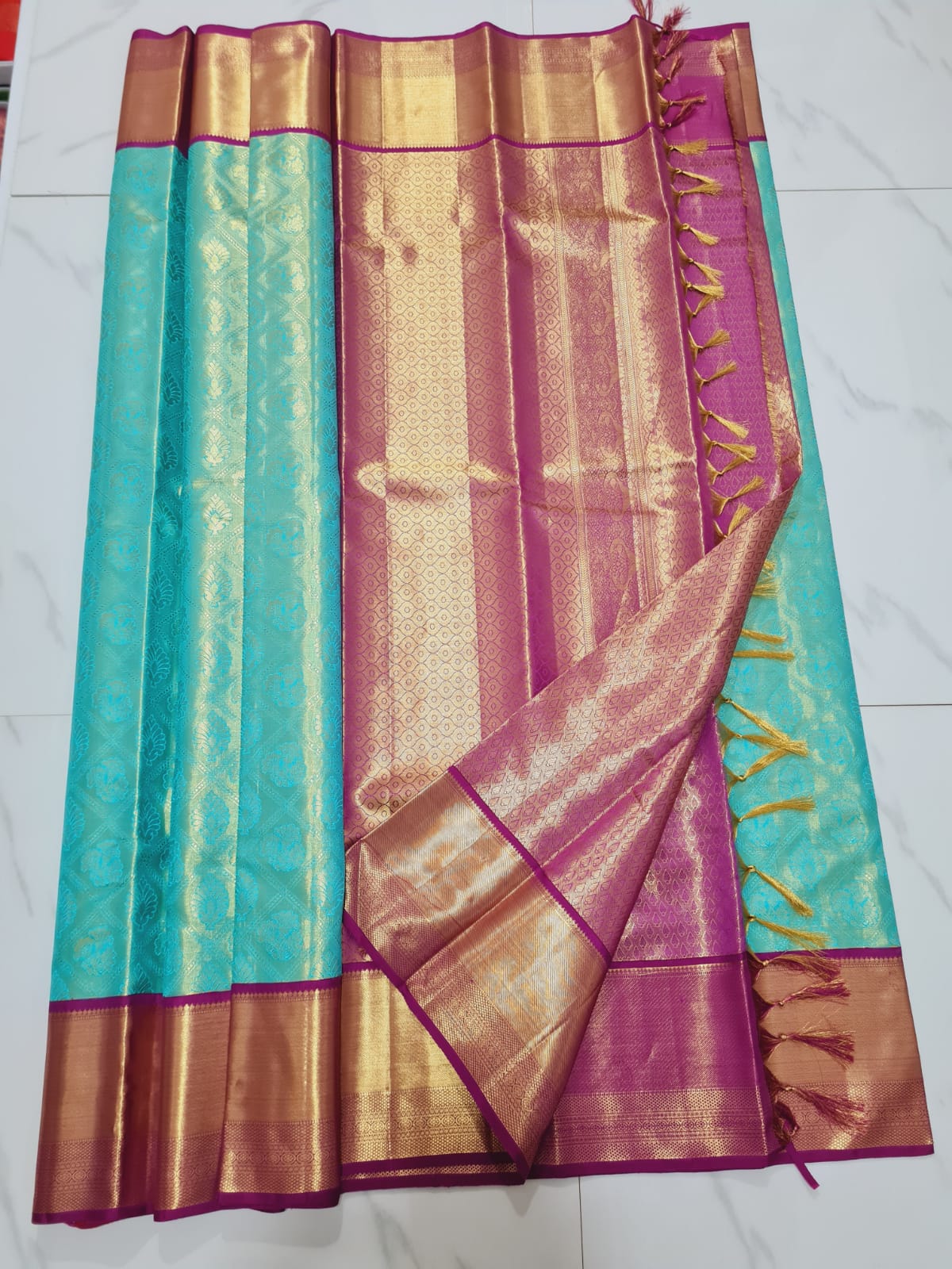 Bridal Tissue Kanchipuram Pure Silk Saree Aqua Kanjivaram Sari| SPK169