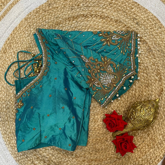 40” Size 10 Aari Worked Sari Blouse Indian Saree Top Silk Blue B95