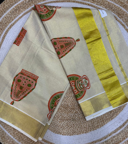 Red Kerala Vishu Sari Indian Cream Tissue hand Printed Onam Saree C17 Col 3
