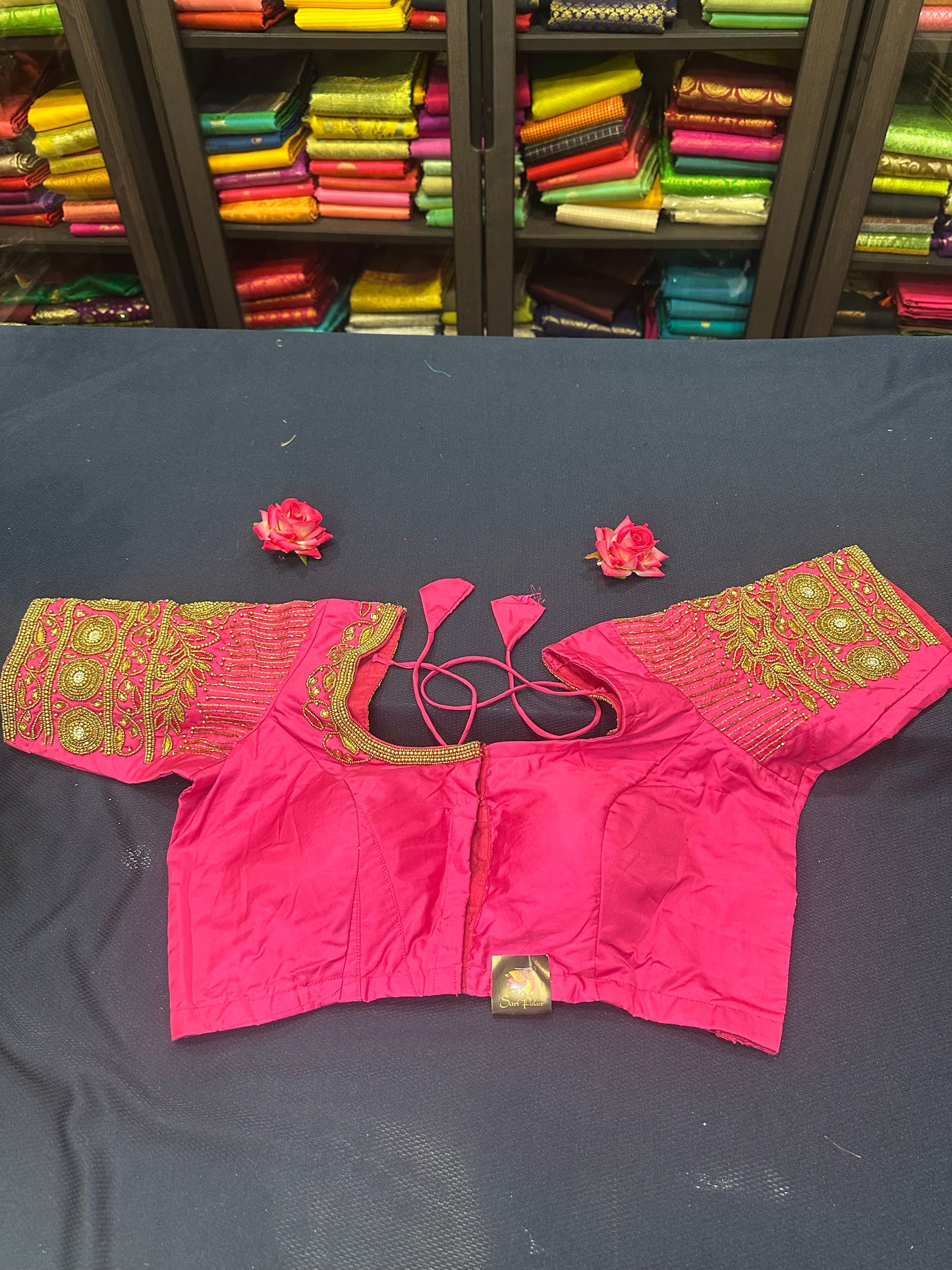 40” Aari hand Worked Sari Blouse Indian Top Choli Silk Pink Gold B11