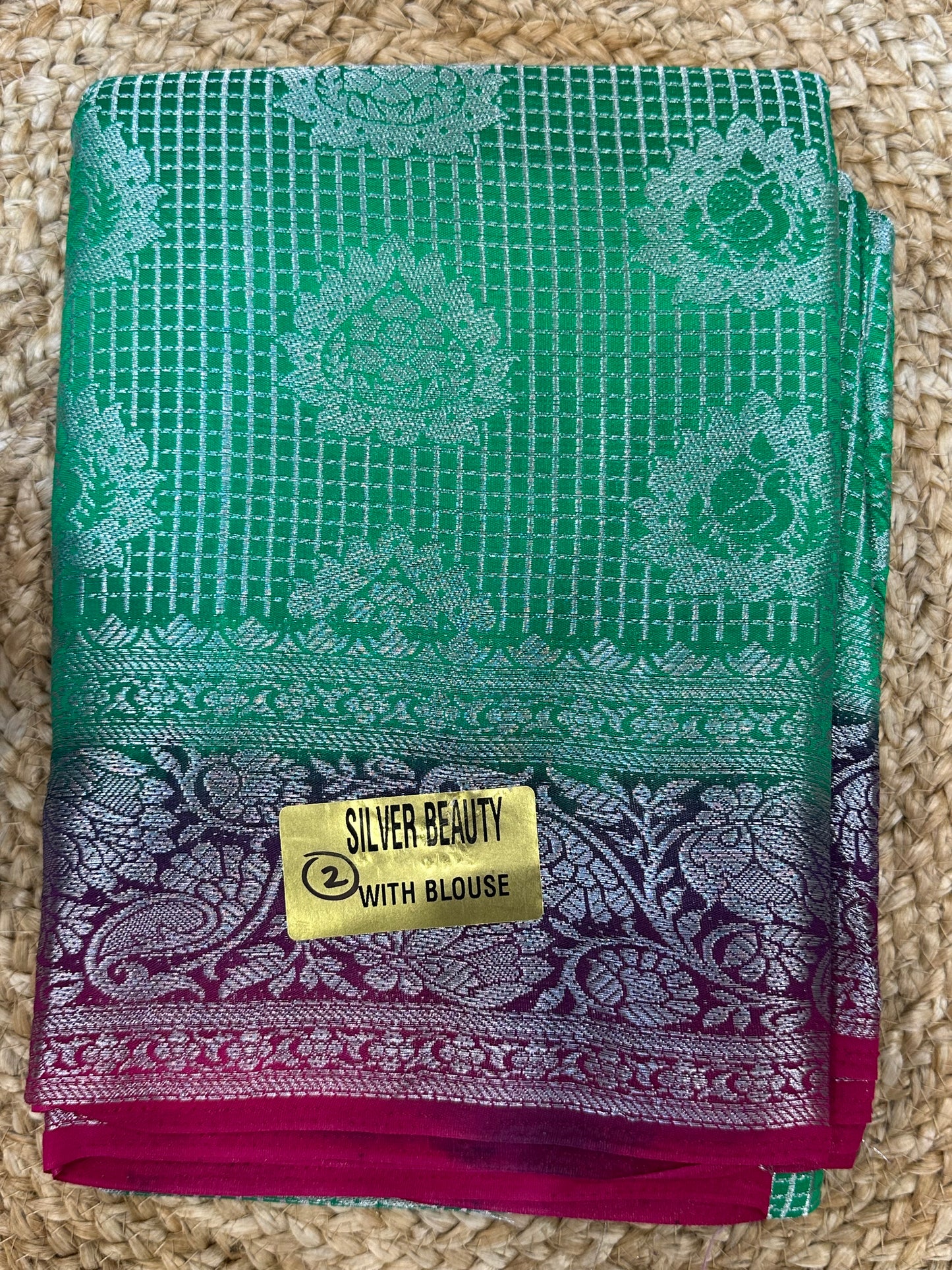 Bangalore Silk Sari Indian Fancy Saree Green & Pink S66