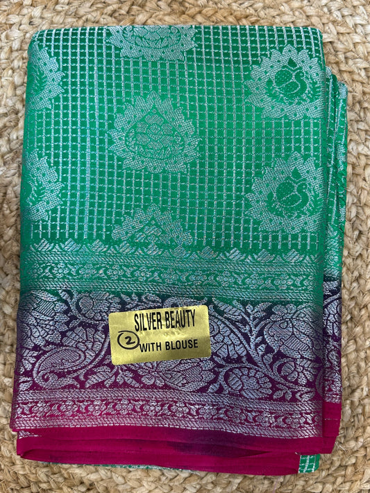 Bangalore Silk Sari Indian Fancy Saree Green & Pink S66