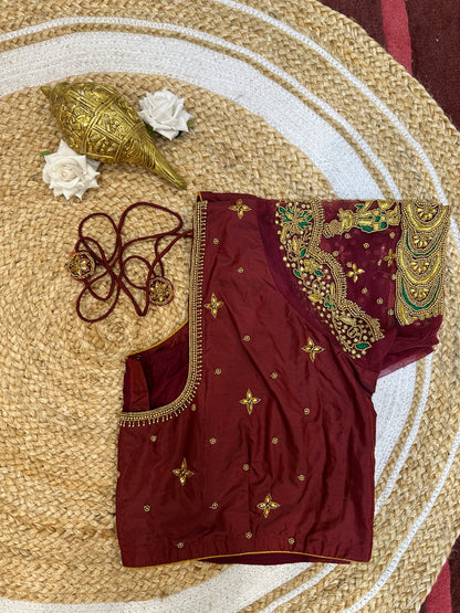 50” Size 20 Aari Worked Sari Blouse Indian Saree Top Silk Maroon B66