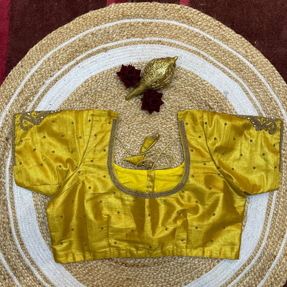 44” Size 14 Aari Worked Sari Blouse Indian Saree Top Silk Yellow B252