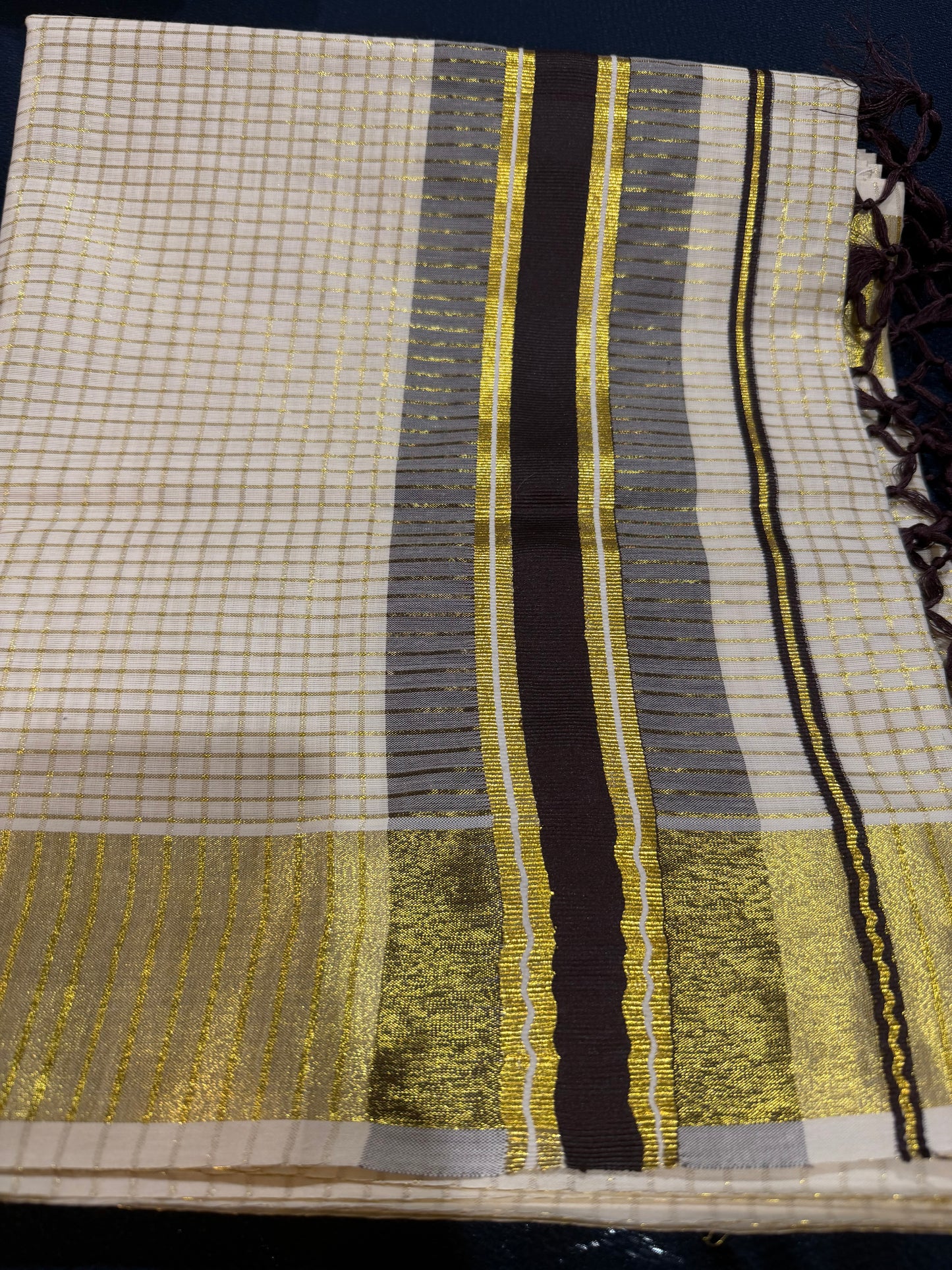 Brown Kerala Vishu Sari Indian hand Printed Kasavu Onam Saree C22 Col 6