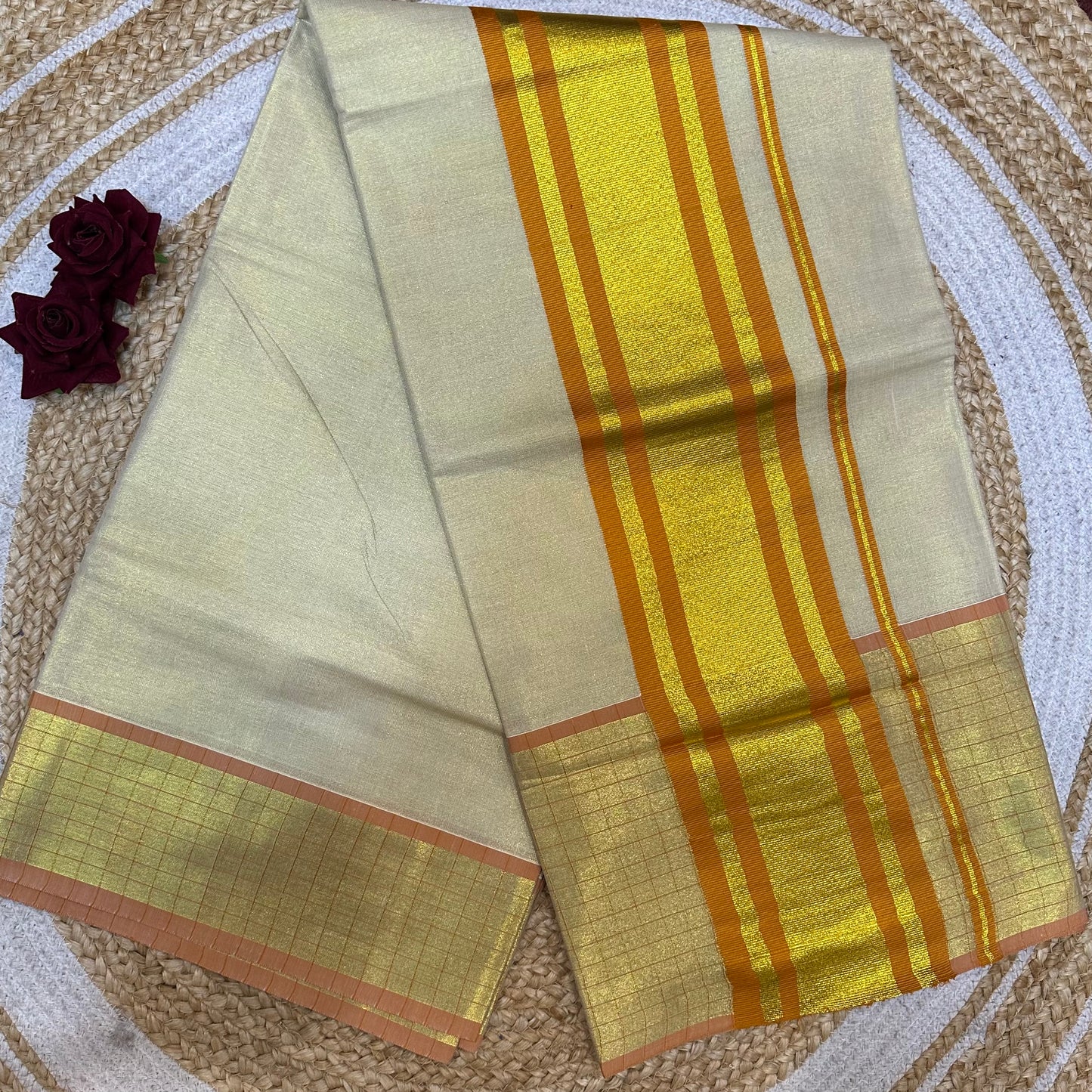 Red Kerala Vishu Sari Indian Cream Tissue Saree C35 - Col 7