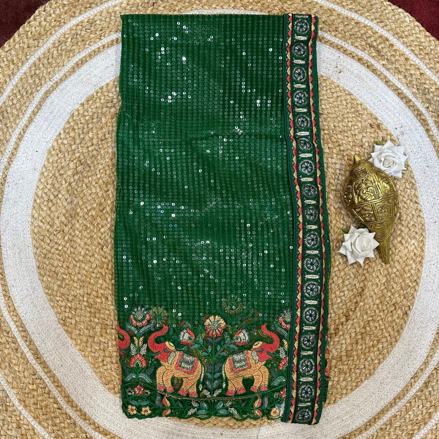 Sequins Net Sari Indian Fancy Saree Green V1