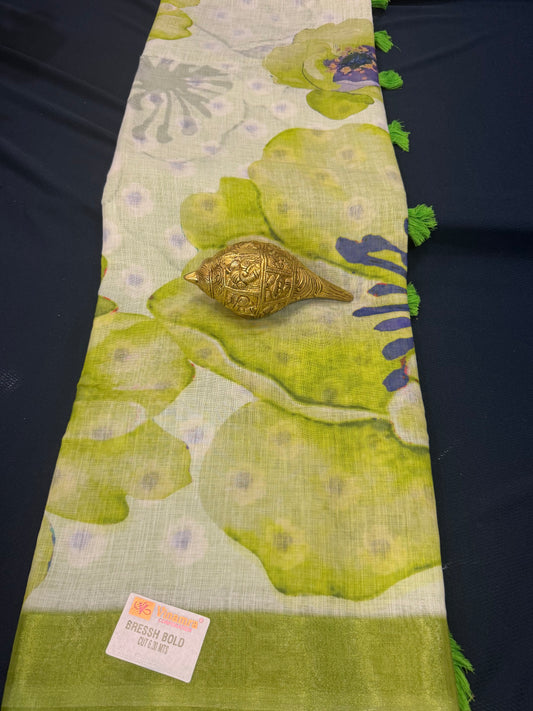 White & Green Digital Printed Linen Sari Indian casual Saree C5