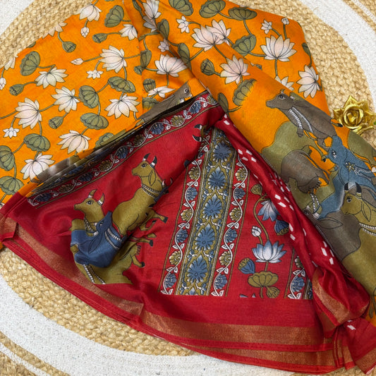 Yellow Indian Casual wear Saree Kalamkari Printed Sari S143